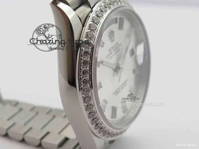 0126 TechFriendly Day Date 40mm SS BP Maker Best Edition Diamond Bezel Silver Dial On SS Bracelet ETA 3696